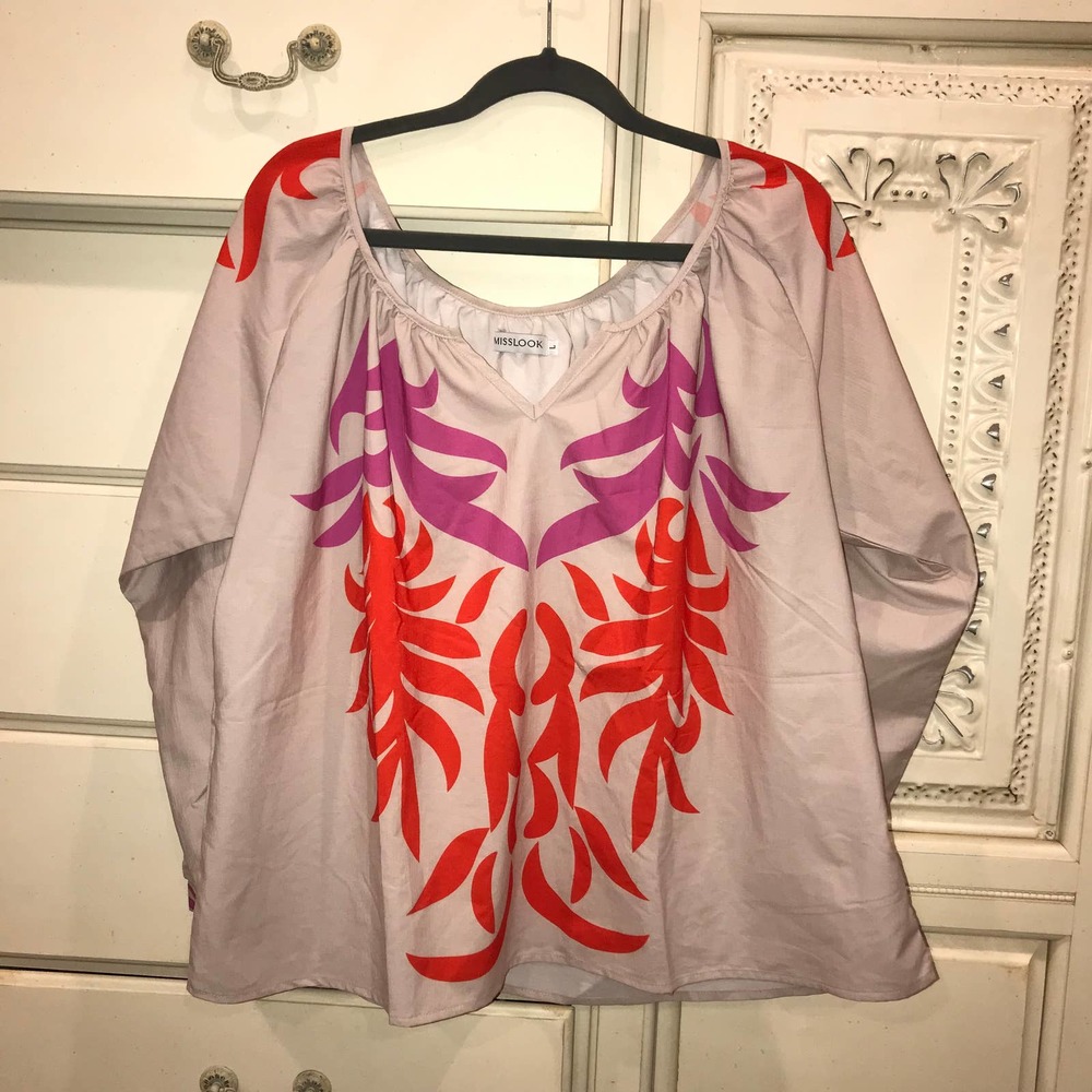 MissLook Lightweight Long Sleeve Boho Blouse Ivory/Orange/Pink Graphic Sz L